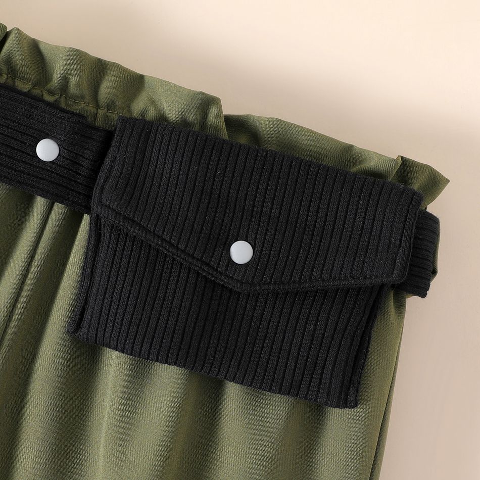 3pcs Kid Girl Ribbed Long-sleeve Black Tee & Green Pants and Waist Bag Set Black big image 4