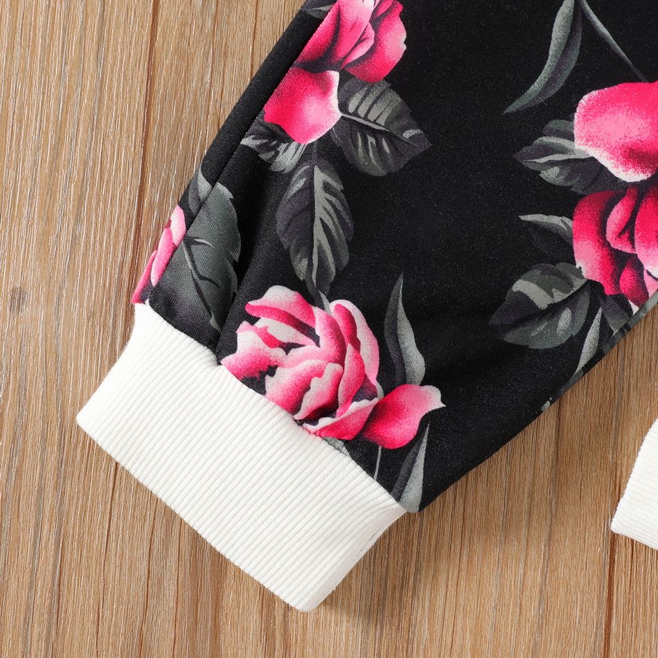 2pcs Kid Girl Floral Print Zipper Design Jacket and Elasticized Pants Set Black big image 4