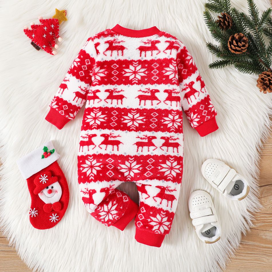Christmas Baby Boy/Girl Allover Snowflake Graphic Red Fleece Long-sleeve Zipper Jumpsuit Red big image 2