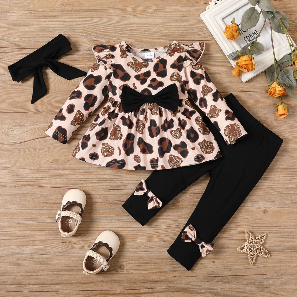 3pcs Baby Girl Bow Front Leopard Print Ruffle Trim Long-sleeve Dress and Leggings with Headband Set Khaki