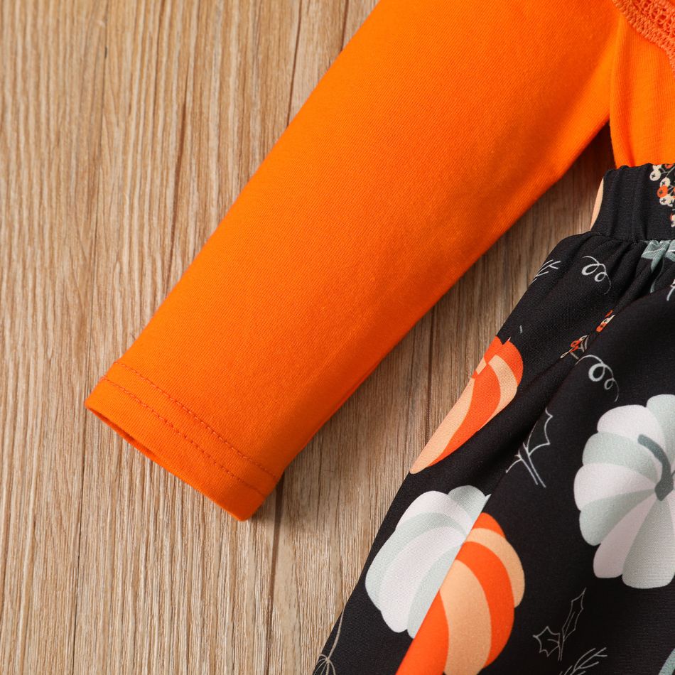 Thanksgiving Day Baby Girl 95% Cotton Long-sleeve Lace Spliced Pumpkin Print Romper Dress Orange big image 4