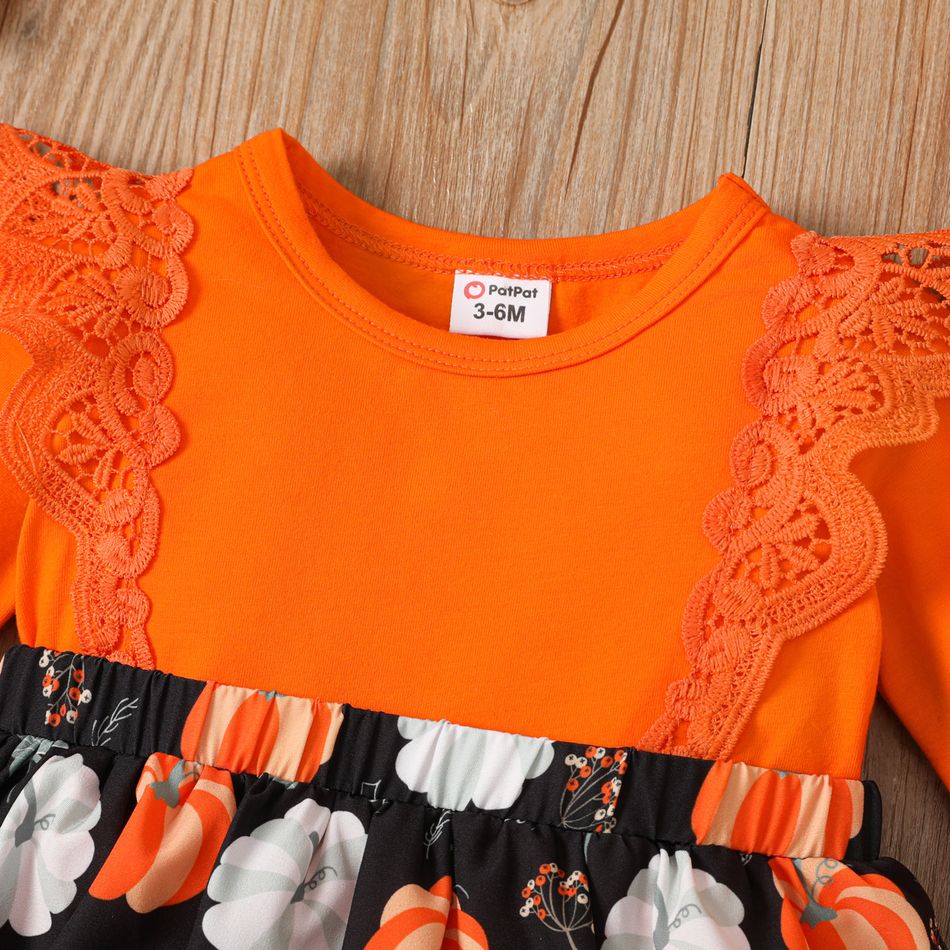 Thanksgiving Day Baby Girl 95% Cotton Long-sleeve Lace Spliced Pumpkin Print Romper Dress Orange big image 3