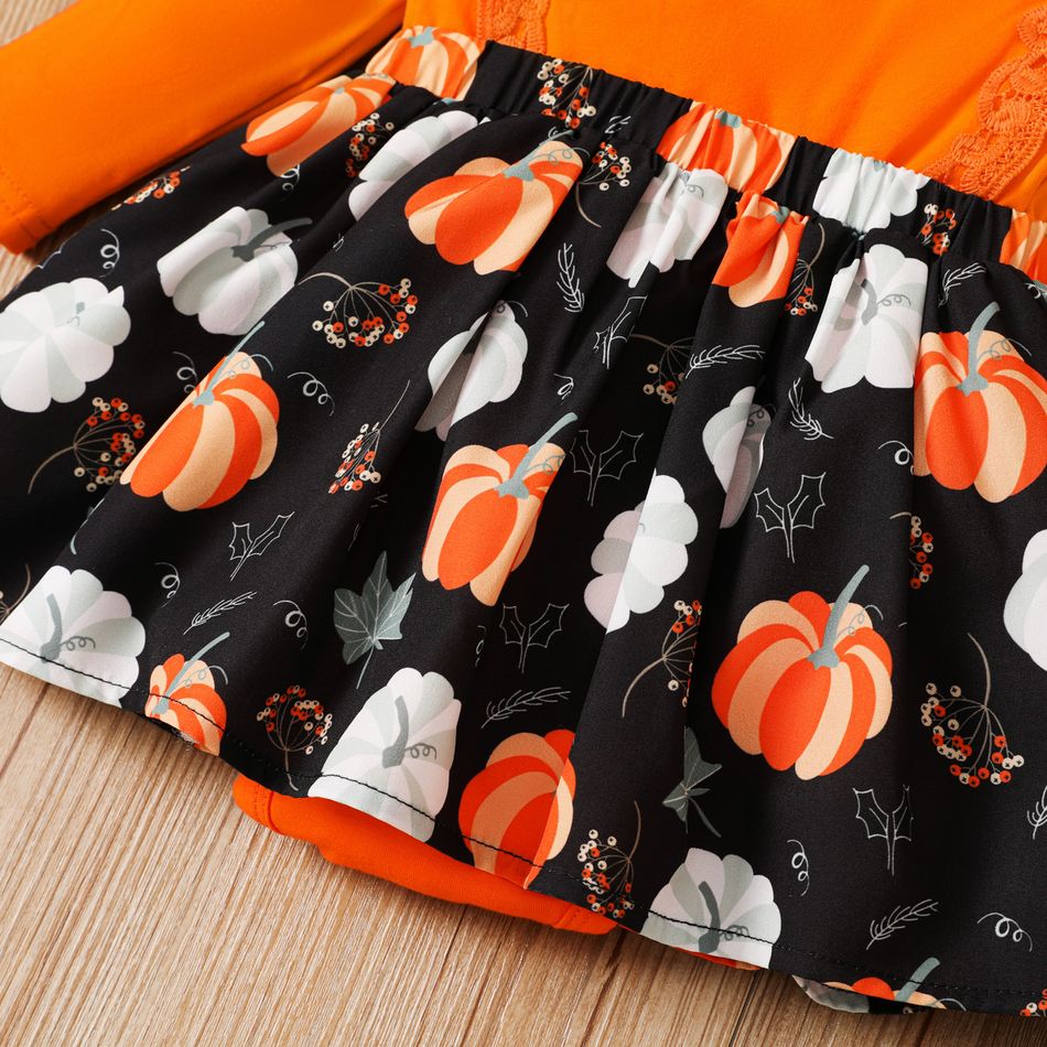 Thanksgiving Day Baby Girl 95% Cotton Long-sleeve Lace Spliced Pumpkin Print Romper Dress Orange big image 5