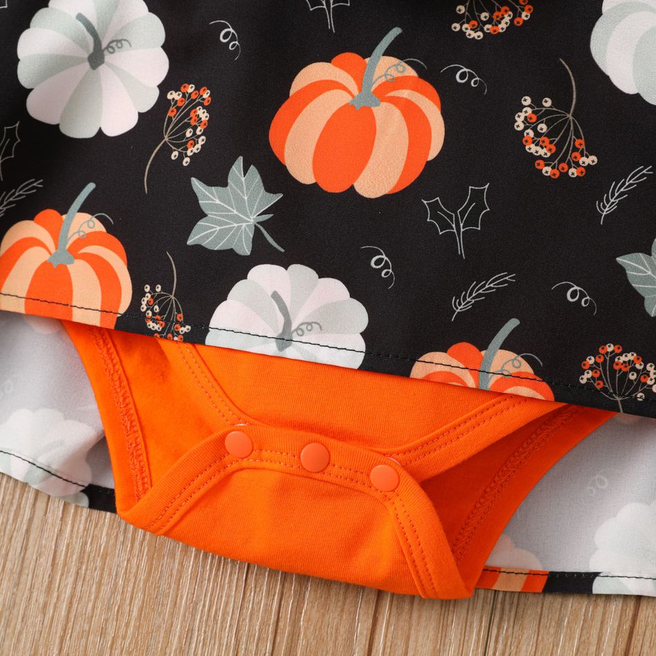 Thanksgiving Day Baby Girl 95% Cotton Long-sleeve Lace Spliced Pumpkin Print Romper Dress Orange big image 6