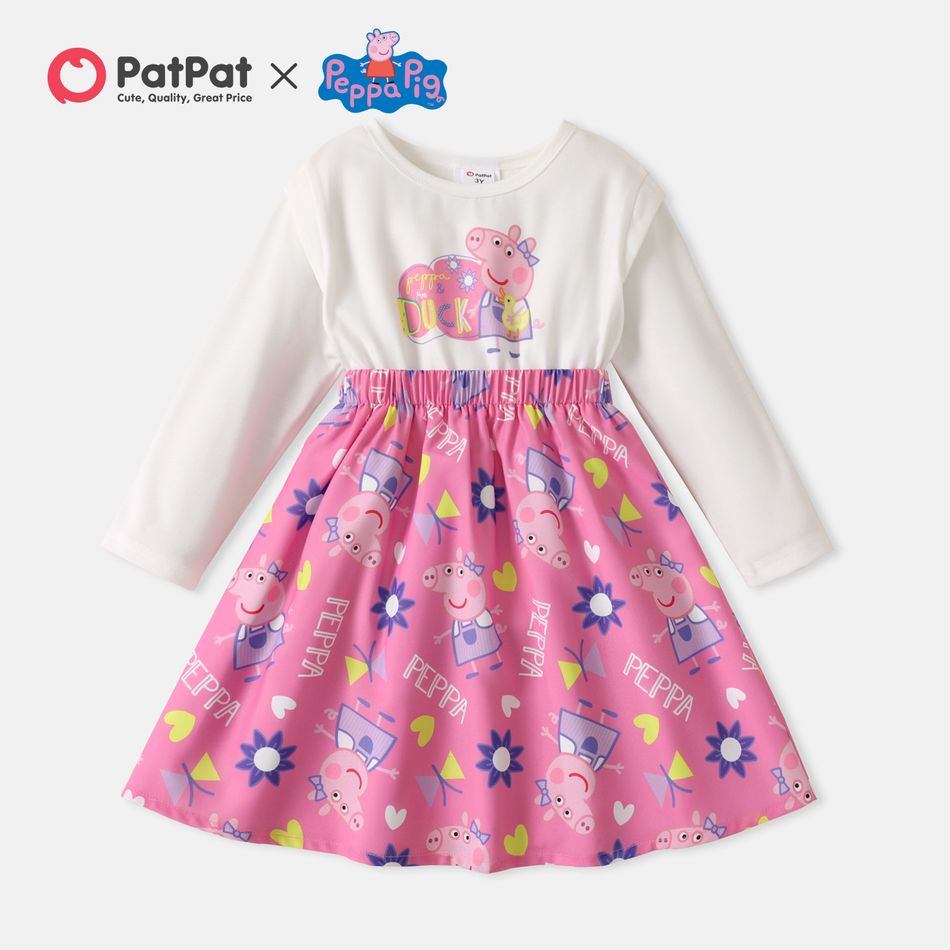Peppa Pig 2pcs Toddler Girl Letter Print Long-sleeve White Tee and Allover Print Skirt Set ColorBlock big image 1