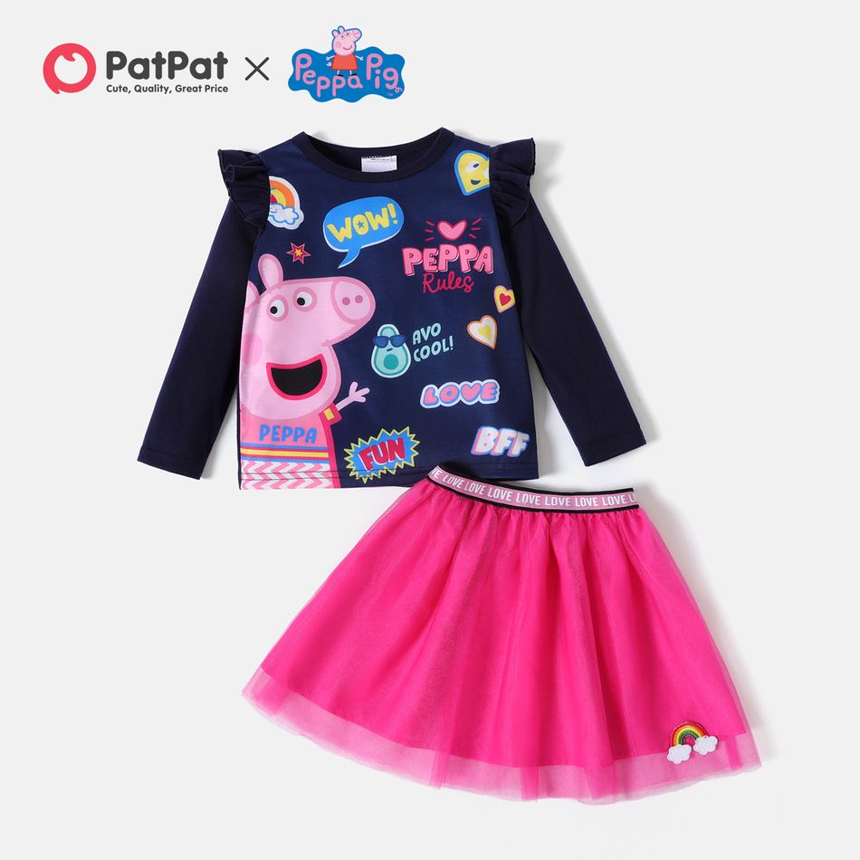 Peppa Pig 2pcs Toddler Girl Letter Print Ruffled Long-sleeve Tee and Mesh Skirt Set Tibetanblue