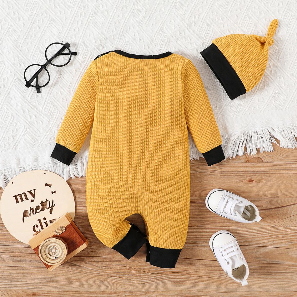 2pcs Baby Boy/Girl Letter Embroidered Long-sleeve Knitted Jumpsuit with Hat Set Yellow big image 5