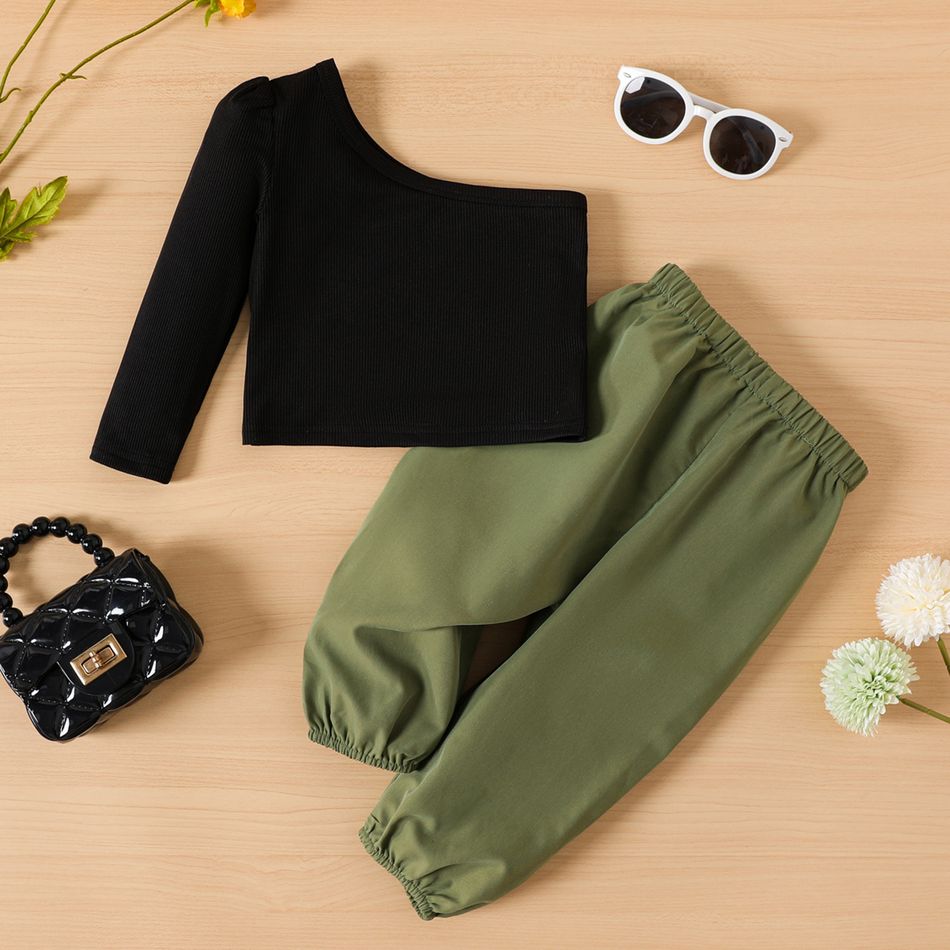 2pcs Baby Girl Solid One Shoulder Long-sleeve Tee and Pants Set Army green big image 1