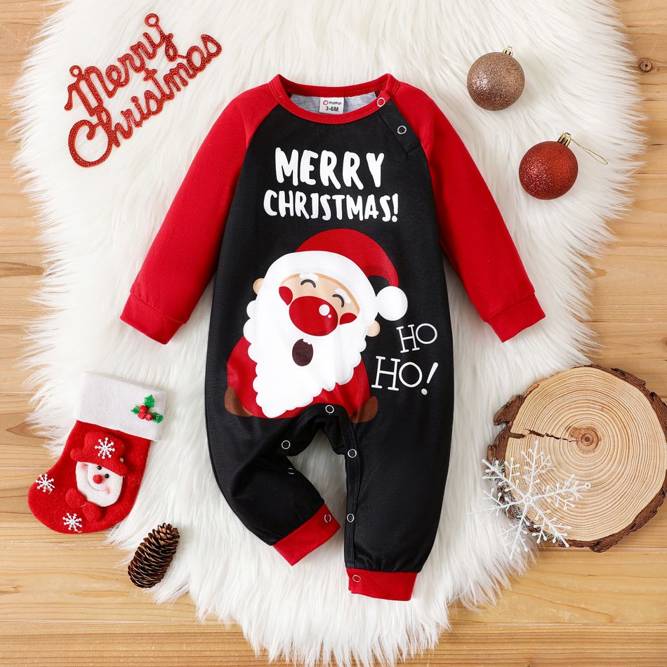 Christmas Baby Boy Santa Claus & Letter Print Raglan-sleeve Jumpsuit redblack big image 1