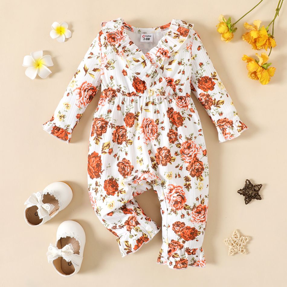 Baby Girl Allover Floral Print Ruffle Trim Surplice Neck Long-sleeve Jumpsuit White