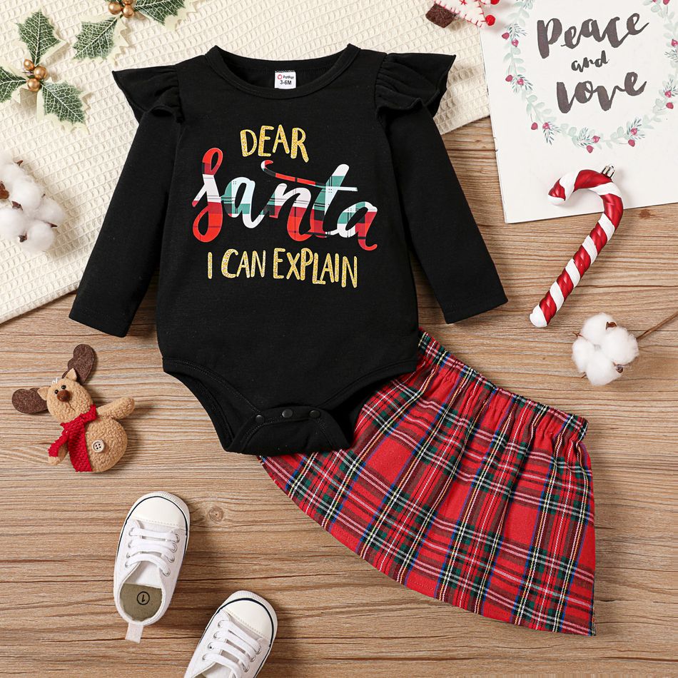 Christmas 2pcs Baby Girl Letter Print Ruffle Long-sleeve Romper and Plaid Skirt Set redblack