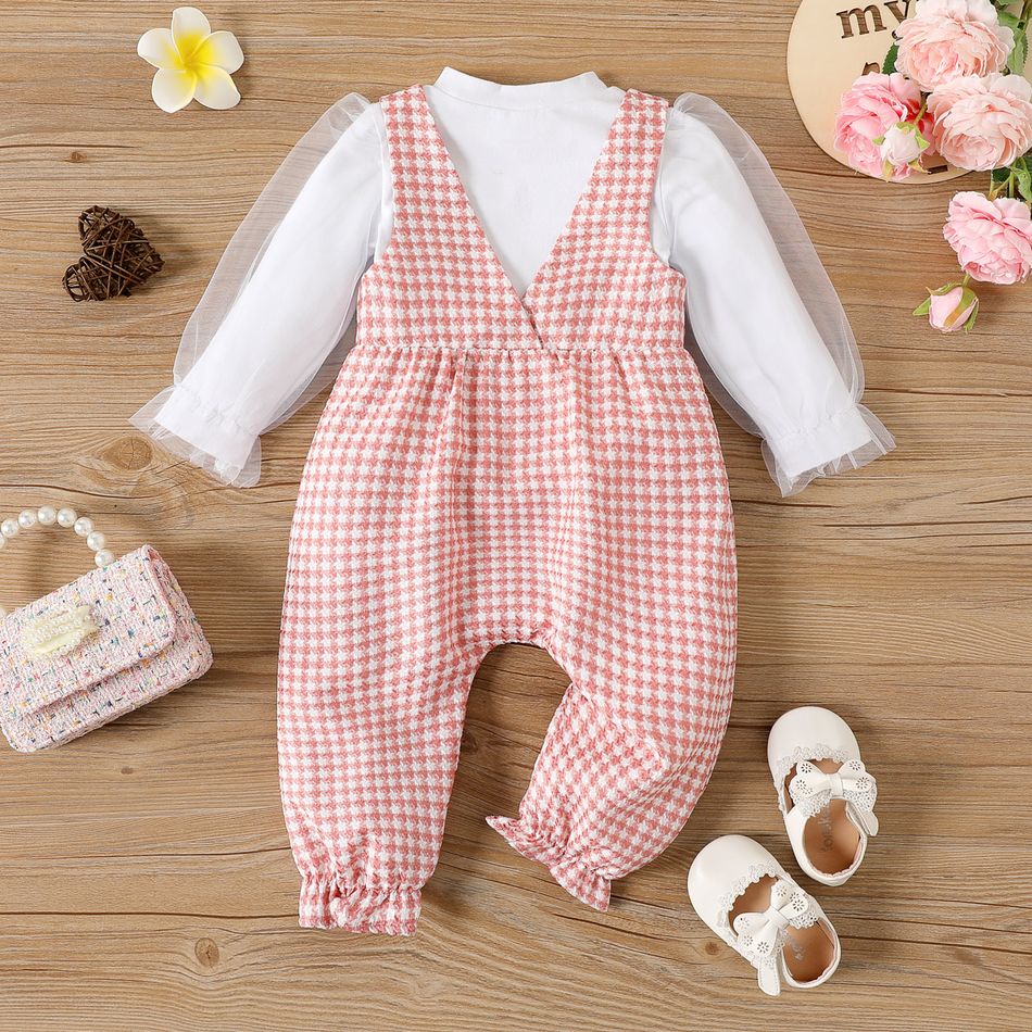 2pcs Baby Girl 95% Cotton Mesh Puff-sleeve Top and Houndstooth Textured Bow Front Overalls Set PinkyWhite big image 2