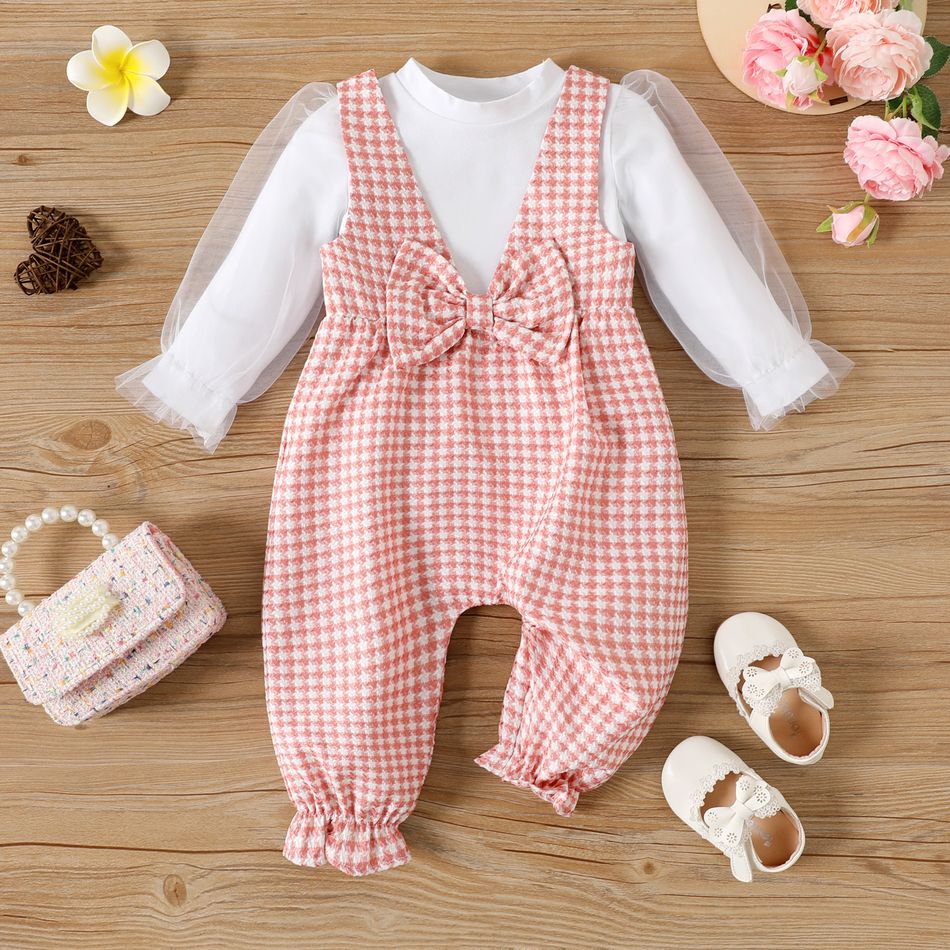 2pcs Baby Girl 95% Cotton Mesh Puff-sleeve Top and Houndstooth Textured Bow Front Overalls Set PinkyWhite big image 1