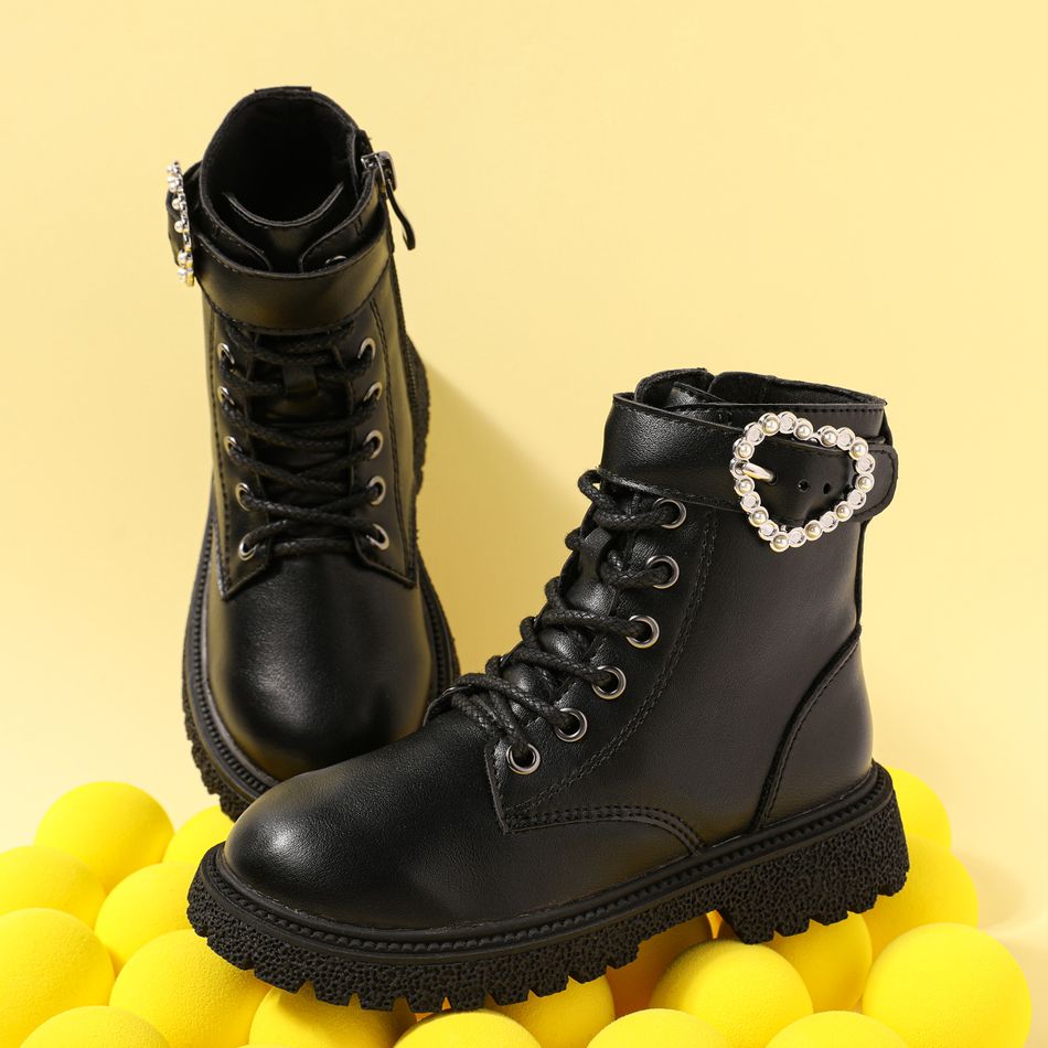 Toddler / Kid Faux Pearl Heart Decor Black Lace Up Boots Black big image 3