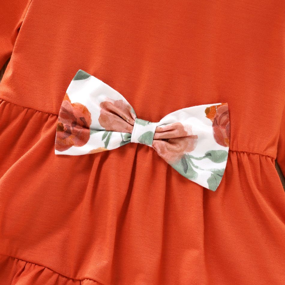 3pcs Toddler Girl Bows Design Ruffled High Low Tee and Floral Print Leggings and Scarf Set Orangebrown big image 4