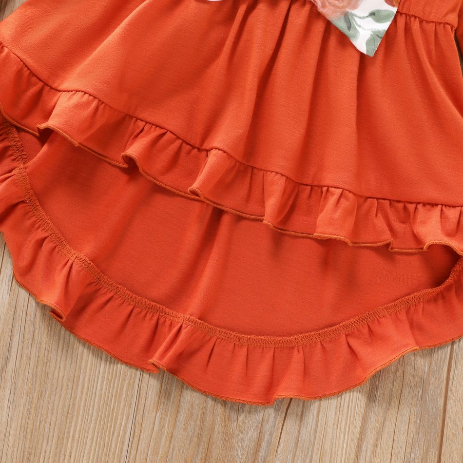 3pcs Toddler Girl Bows Design Ruffled High Low Tee and Floral Print Leggings and Scarf Set Orangebrown big image 3