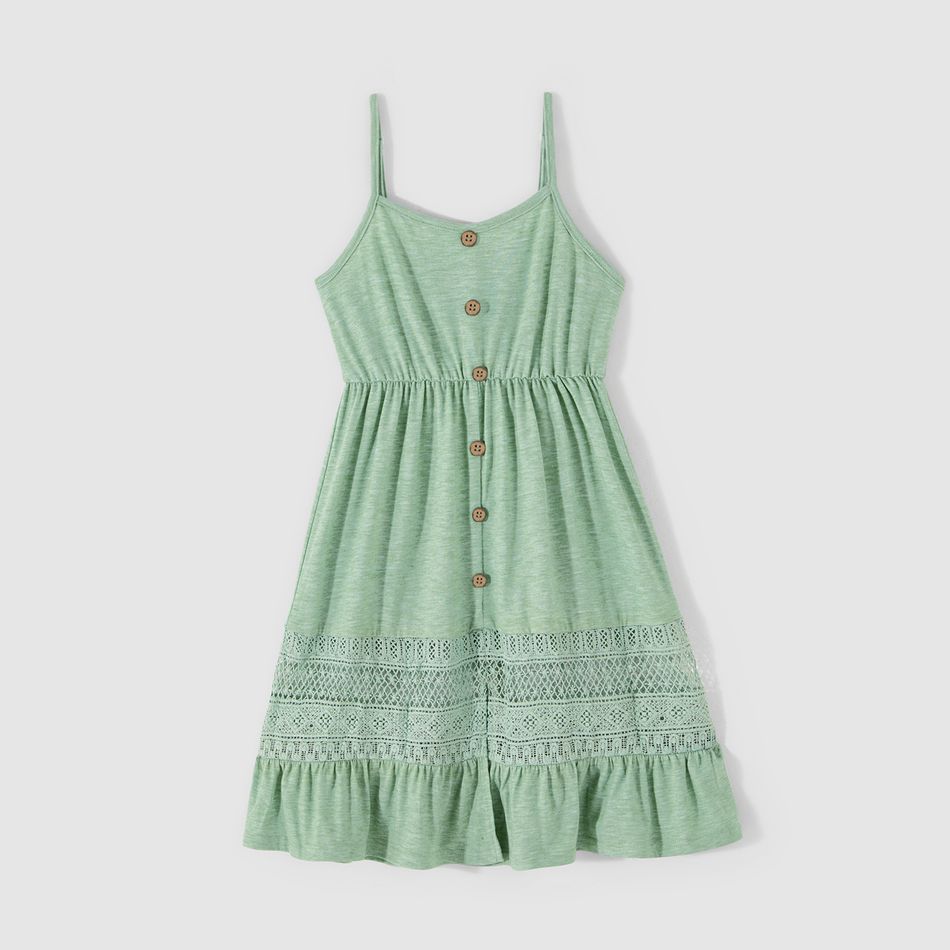 Family Matching Button Front Green Lace Spliced Cami Dresses and Colorblock Short-sleeve T-shirts Sets Green big image 7