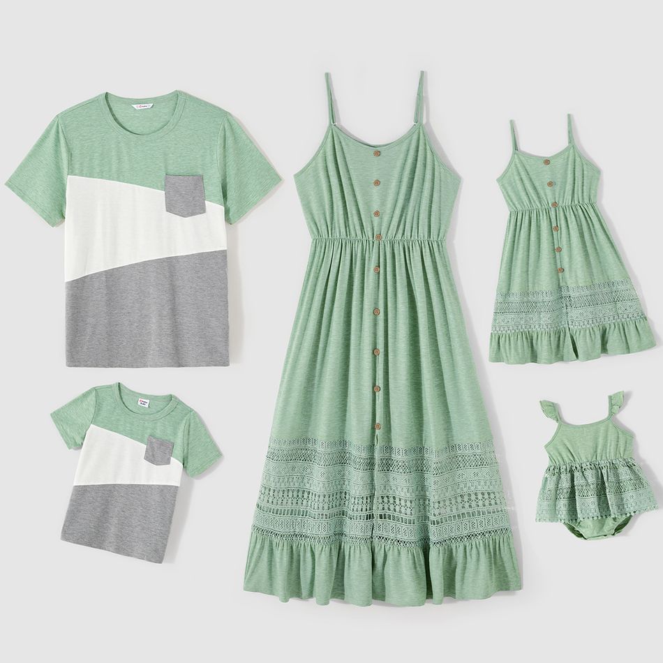 Family Matching Button Front Green Lace Spliced Cami Dresses and Colorblock Short-sleeve T-shirts Sets Green