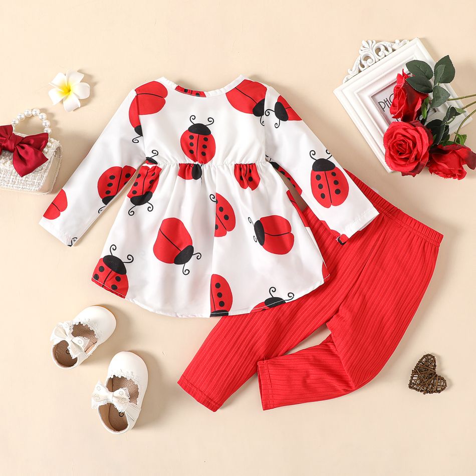 2pcs Baby Girl Allover Ladybug Print Long-sleeve Dress with Rib Knit Leggings Set Red-2 big image 2
