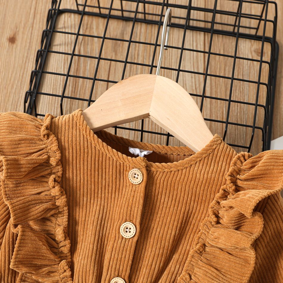 Toddler Girl Ruffled Button Design Long-sleeve Brown Dress YellowBrown big image 3