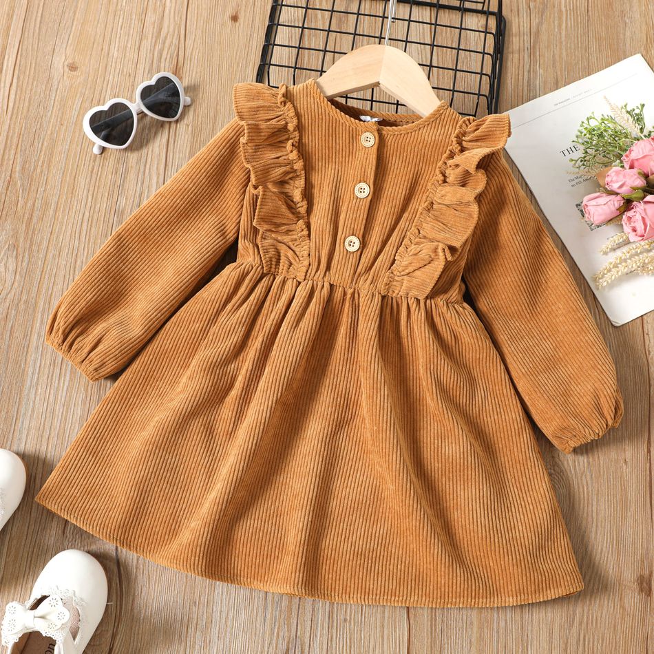 Toddler Girl Ruffled Button Design Long-sleeve Brown Dress YellowBrown