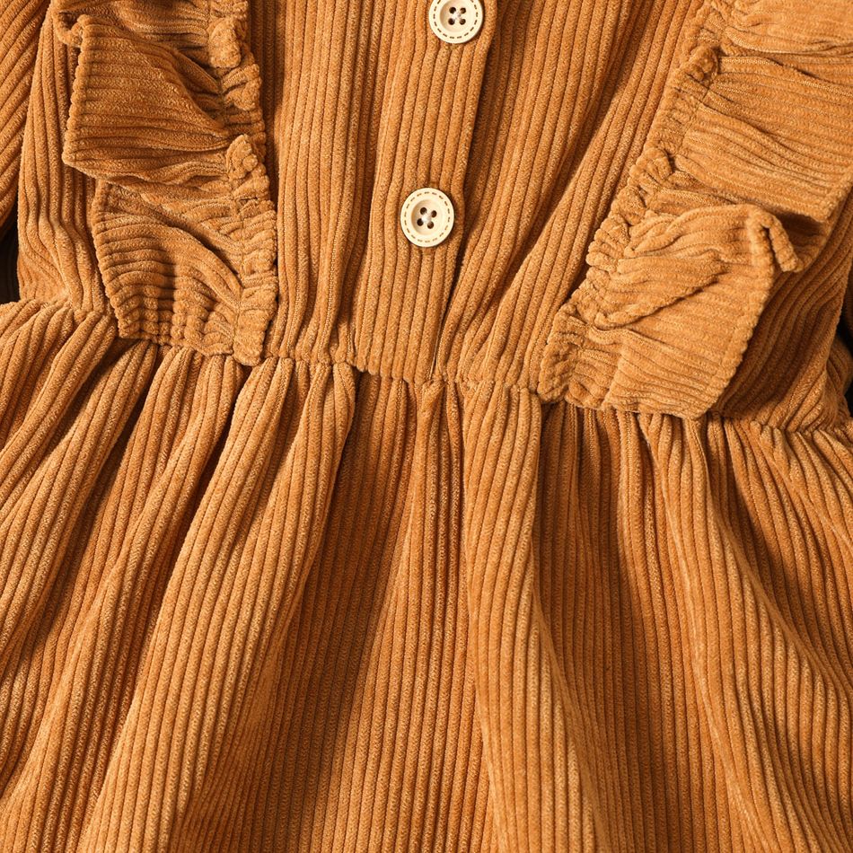 Toddler Girl Ruffled Button Design Long-sleeve Brown Dress YellowBrown big image 4