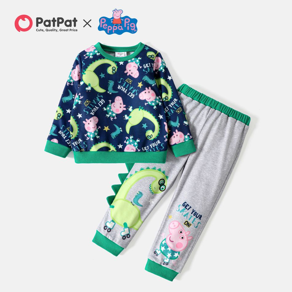 Peppa Pig 2pcs Toddler Boy Animal Print Sweatshirt and Dinosaur Spike Design Cotton Pants Set Colorful big image 1