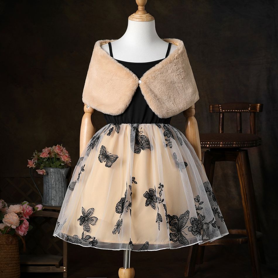 Conjunto de 2 peças de vestido de festa infantil borboleta borboleta bordado splcie e capa de lã Champanhe