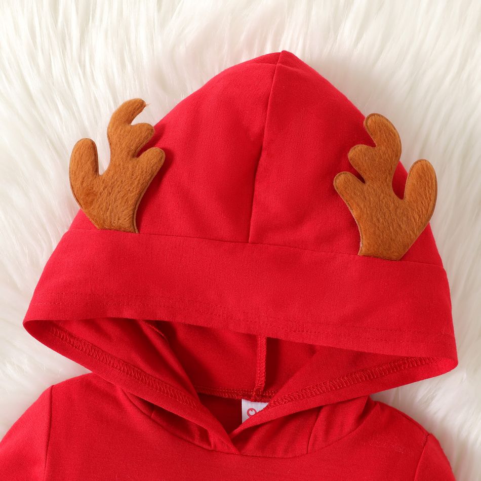 Christmas Baby Boy/Girl 3D Antlers Detail Reindeer Embroidered Red Long-sleeve Hooded Jumpsuit Red-2 big image 3