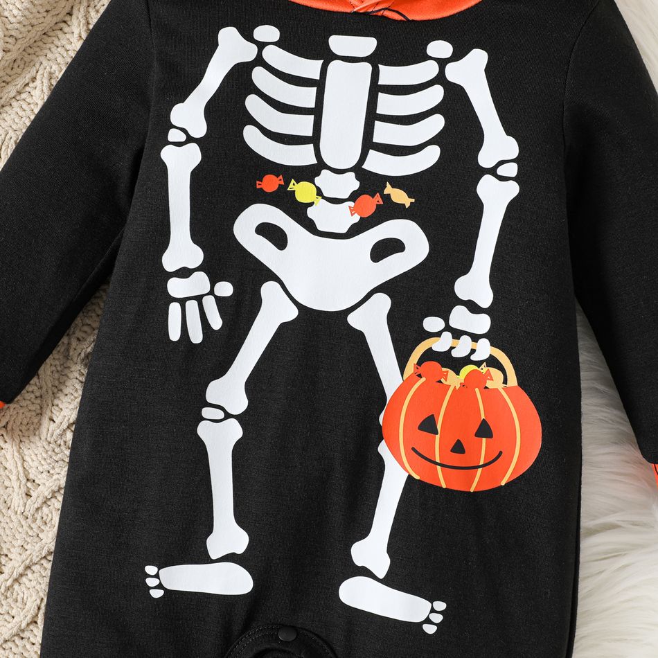 Halloween Baby Boy Skeleton & Pumpkin Print Hooded Long-sleeve Jumpsuit Black big image 4