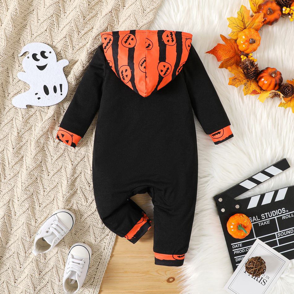 Halloween Baby Boy Skeleton & Pumpkin Print Hooded Long-sleeve Jumpsuit Black big image 2