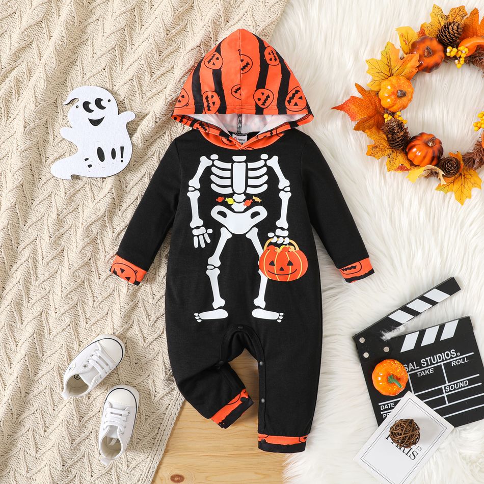 Halloween Baby Boy Skeleton & Pumpkin Print Hooded Long-sleeve Jumpsuit Black big image 1