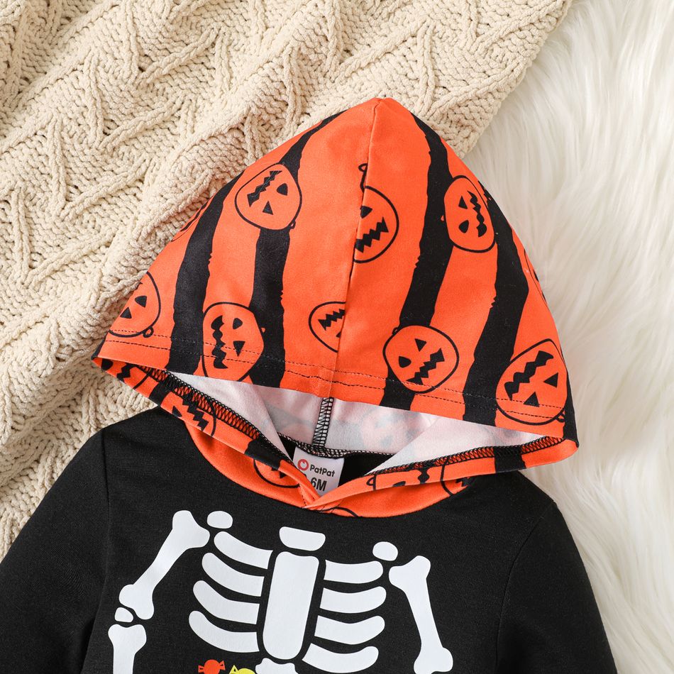 Halloween Baby Boy Skeleton & Pumpkin Print Hooded Long-sleeve Jumpsuit Black big image 3