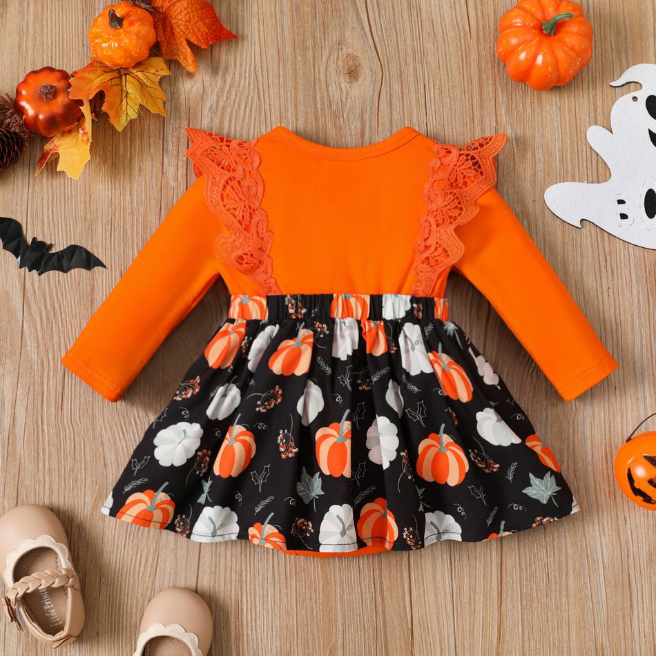 Thanksgiving Day Baby Girl 95% Cotton Long-sleeve Lace Spliced Pumpkin Print Romper Dress Orange big image 2