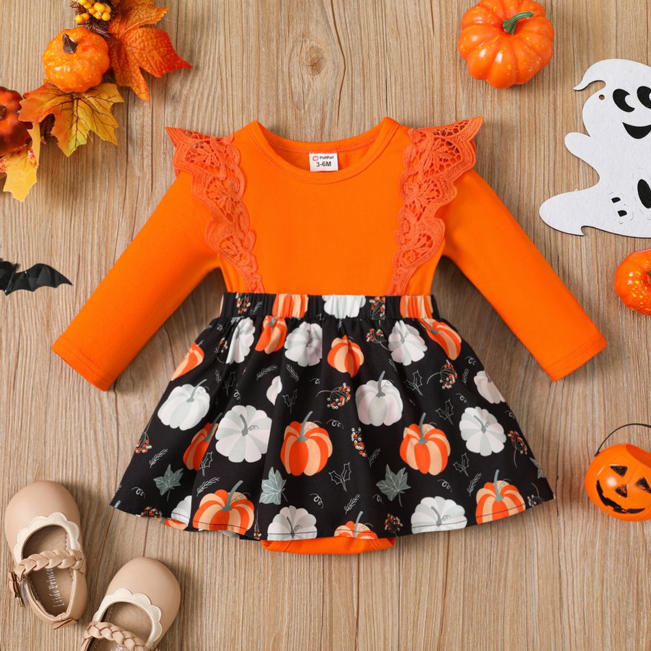 Halloween Baby Girl 95% Cotton Long-sleeve Lace Spliced Pumpkin Print Romper Dress Orange