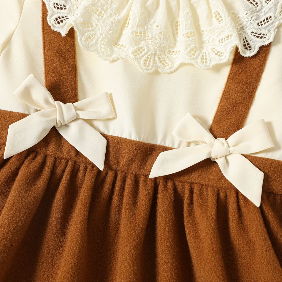 طفل فتاة صغيرة فو اثنين بيان طوق bowknot تصميم لصق فستان طويل الأكمام بنى big image 5
