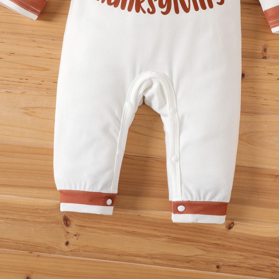Thanksgiving Day Baby Boy Turkey & Letter Print Spliced Striped Hooded Long-sleeve Jumpsuit White big image 5