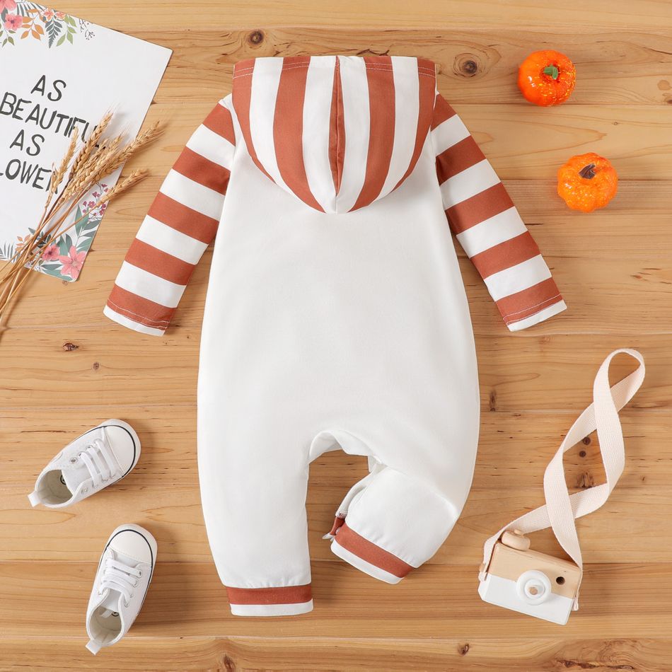 Thanksgiving Day Baby Boy Turkey & Letter Print Spliced Striped Hooded Long-sleeve Jumpsuit White big image 2
