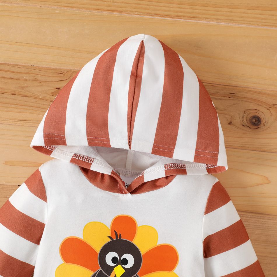 Thanksgiving Day Baby Boy Turkey & Letter Print Spliced Striped Hooded Long-sleeve Jumpsuit White big image 3