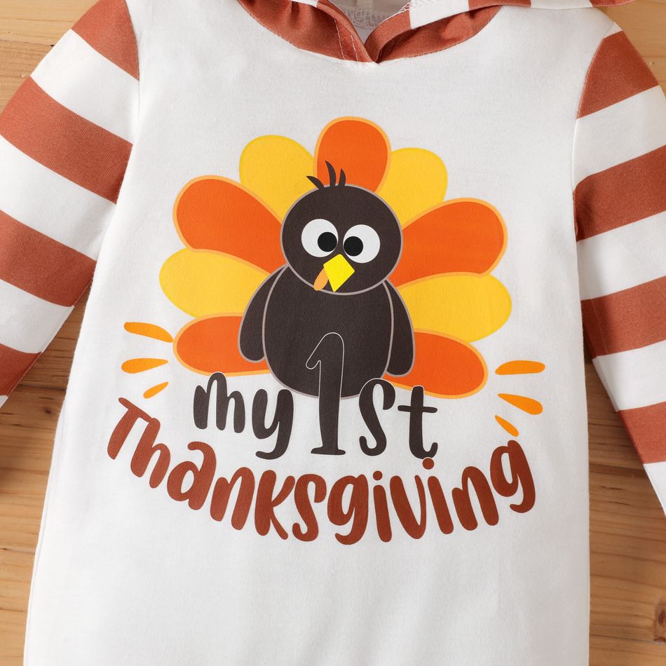 Thanksgiving Day Baby Boy Turkey & Letter Print Spliced Striped Hooded Long-sleeve Jumpsuit White big image 4