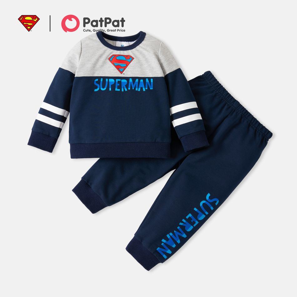 Justice League 2pcs Baby Boy Long-sleeve Letter Print Sweatshirt and Sweatpants Set Deep Blue big image 1