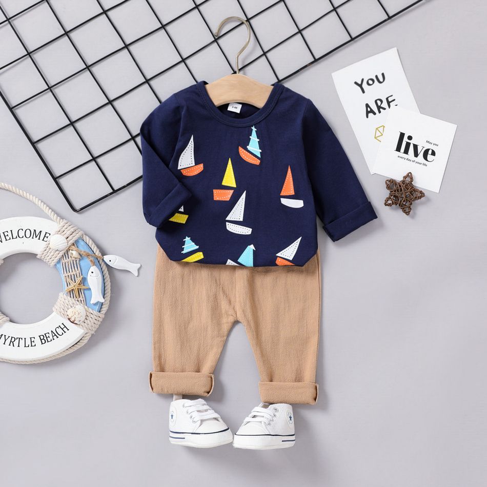 100% Cotton 2pcs Baby Boy Long-sleeve Allover Colorful Sailboat Print Tee and Solid Pants Set Tibetanblue