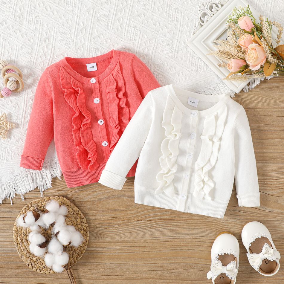 Baby Girl Long-sleeve Button Front Solid Layered Ruffle Trim Knitted Cardigan Sweater Orange red big image 2