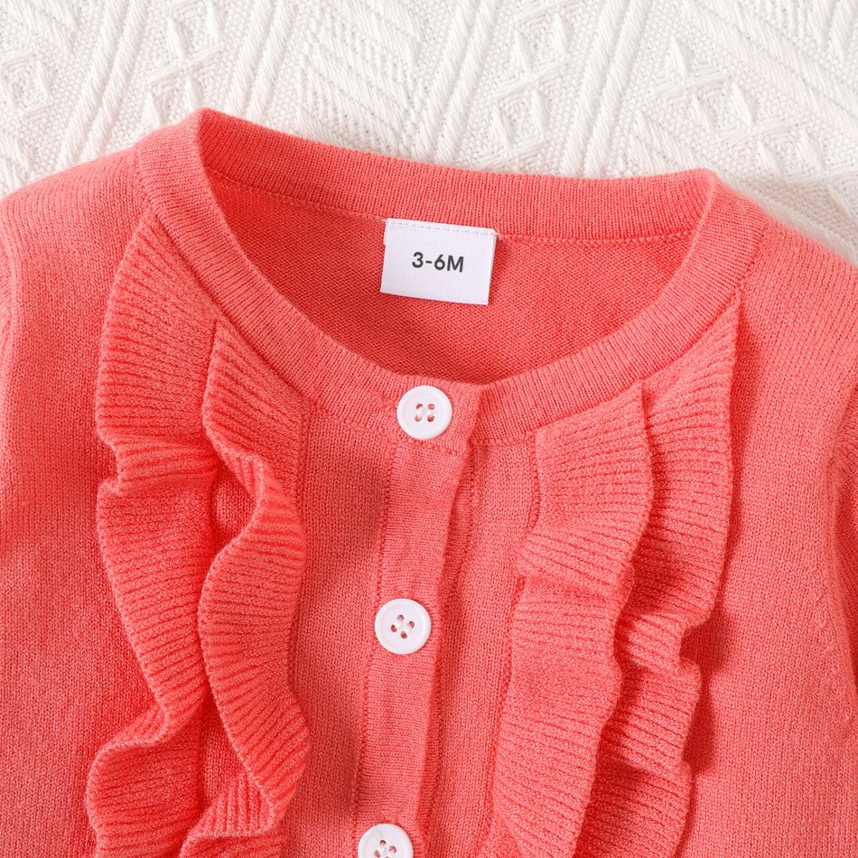 Baby Girl Long-sleeve Button Front Solid Layered Ruffle Trim Knitted Cardigan Sweater Orange red big image 4