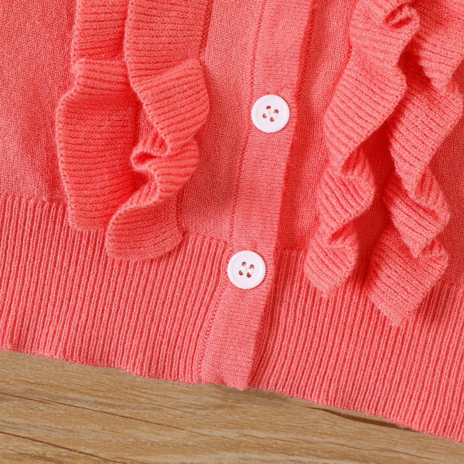 Baby Girl Long-sleeve Button Front Solid Layered Ruffle Trim Knitted Cardigan Sweater Orange red big image 5