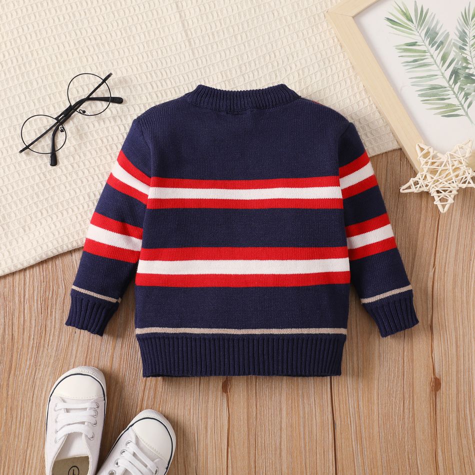 Baby Boy/Girl Long-sleeve Button Front Striped Knitted Cardigan Sweater Dark Blue big image 2