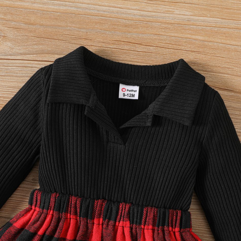 Baby Girl Polo Collar Long-sleeve Rib Knit Spliced Red Plaid Dress redblack big image 3