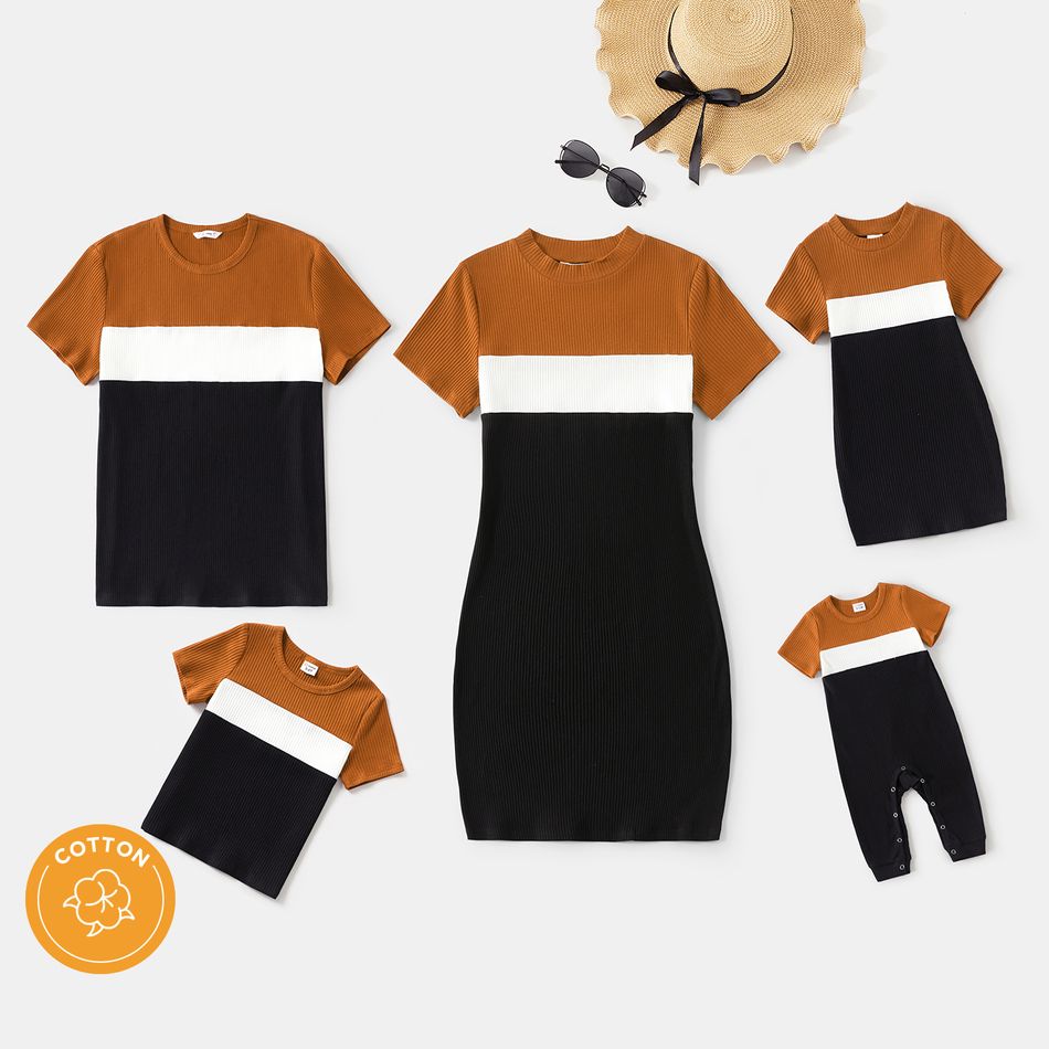 Family Matching Cotton Short-sleeve Colorblock Rib Knit Mock Neck Bodycon Dresses and Tops Sets YellowBrown