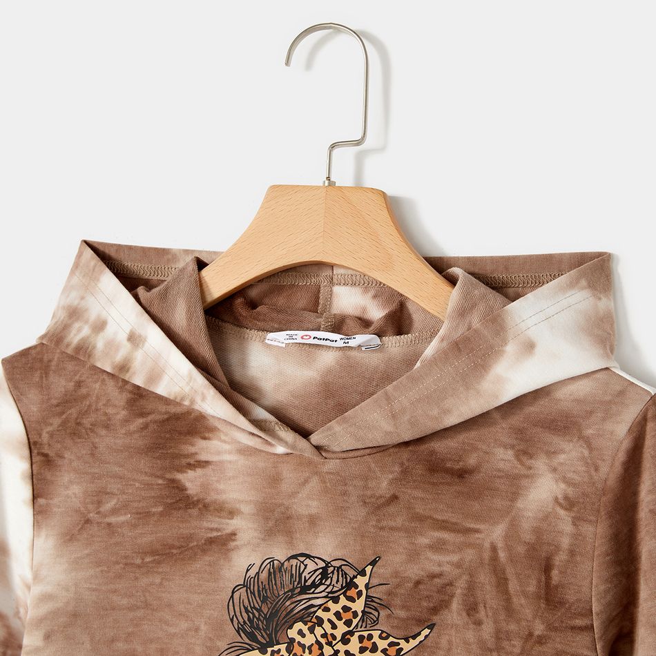Mommy and Me Leopard Figure & Letter Print Long-sleeve Brown Tie Dye Hoodie Dress Brown big image 3