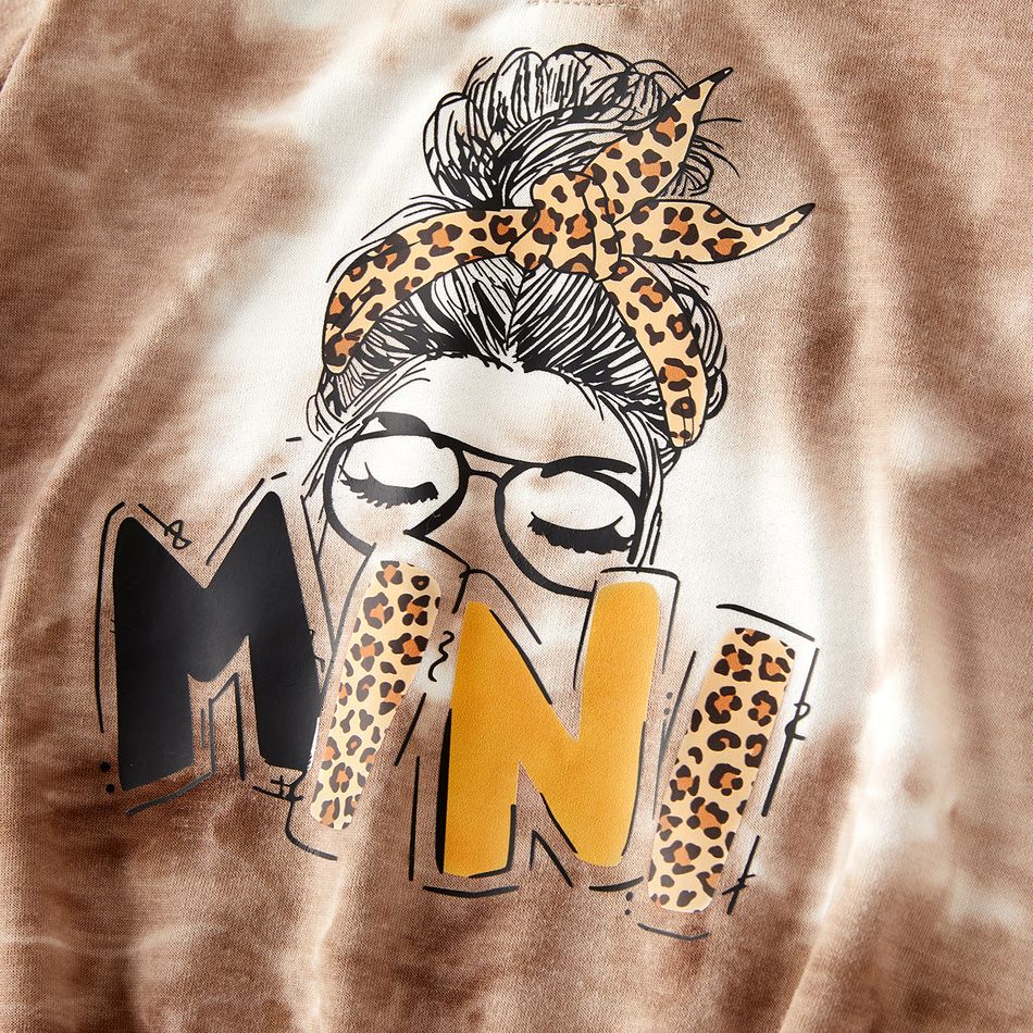 Mommy and Me Leopard Figure & Letter Print Long-sleeve Brown Tie Dye Hoodie Dress Brown big image 11